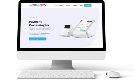 MiPago website mocked up on a desktop computer